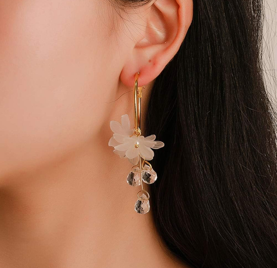 Korean Earrings - White Floral Hoop Crystal Hanging earrings for women