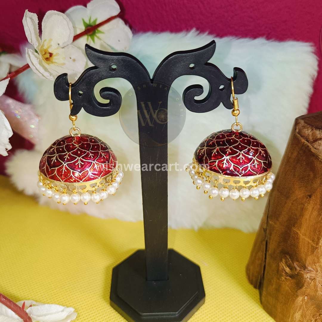 Meenakari golden work Jhumkis with pearl hangings for women