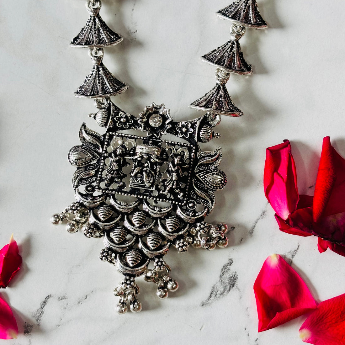Traditional Oxidised Temple Design Long Necklace Earring Set