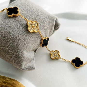 Premium Anti Tarnish Gold Plated Kiyu Ziyu Chain Bracelet - Alternate Black Enamel & Stone Studded - Clover Design