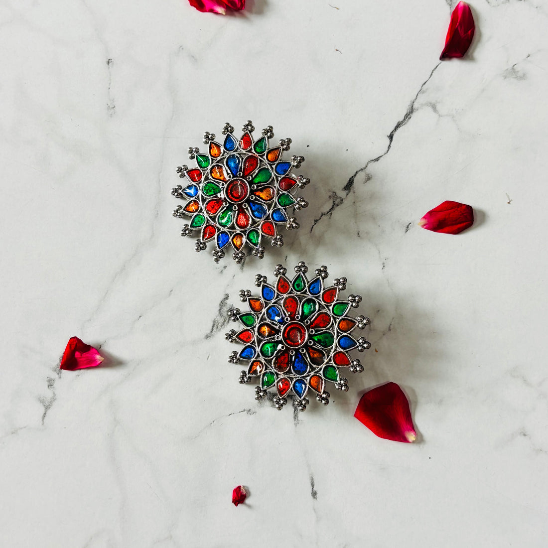 Oxidised Multicolor Floral Round Stud Statement Earrings