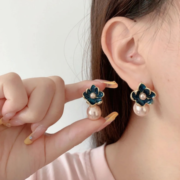 Emerald Lotus Pearl Drop Earrings