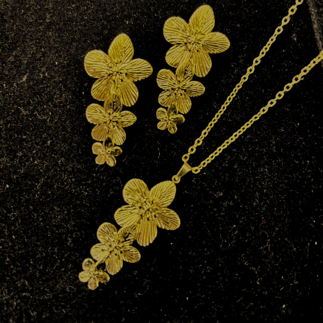 Floral Cascade Anti-Tarnish Necklace Set – Gold Plated Stainless Steel Jewelry for Women