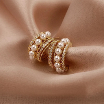 Korean Earrings - Stylish Geometric C-Shaped Golden Earrings With Pearl and Rhinestone for girls and women