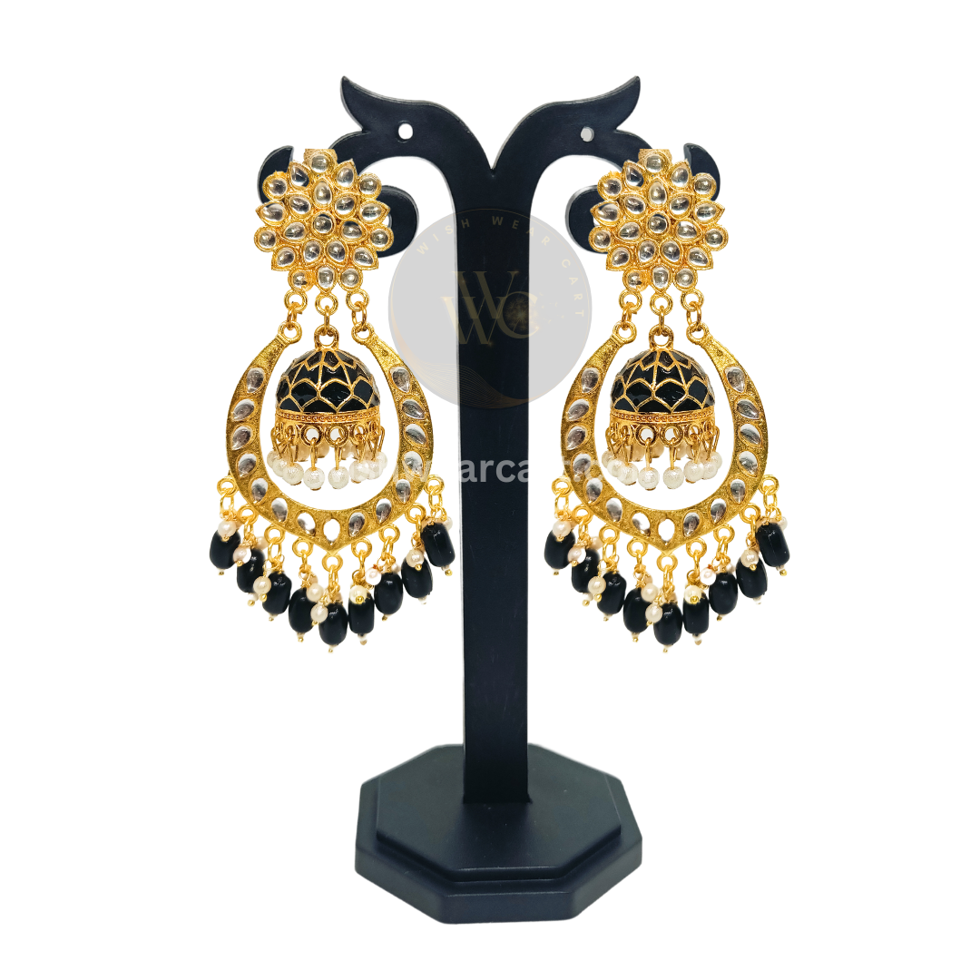 Meenakari Heavy Kundan and alloy chandbali with a hanging pearl Jhumki for women