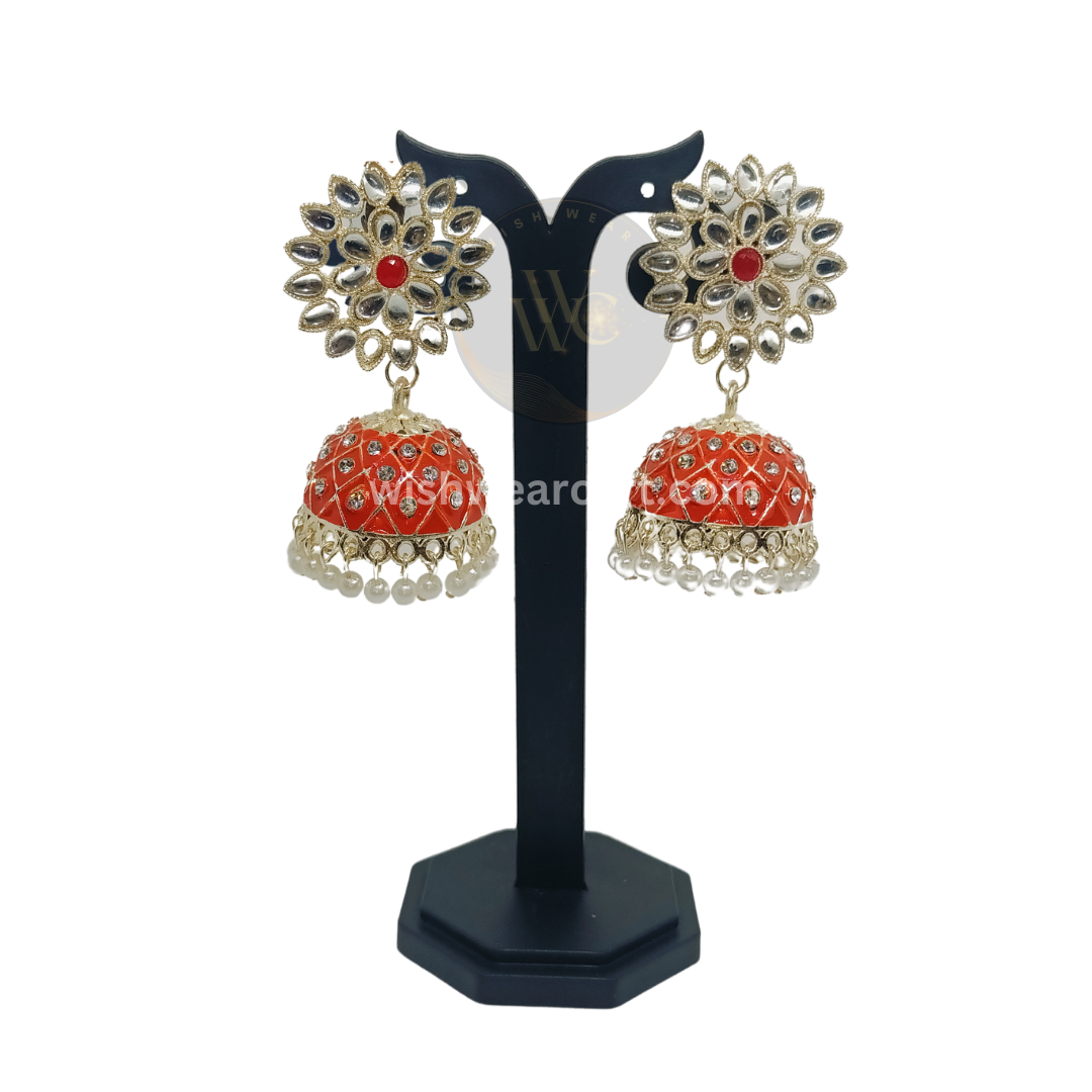 Meenakari Ethnic Kundan Tops and Stone studded Jhumki Earrings with pearl hangings For Women