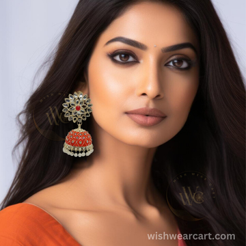 Meenakari Ethnic Kundan Tops and Stone studded Jhumki Earrings with pearl hangings For Women