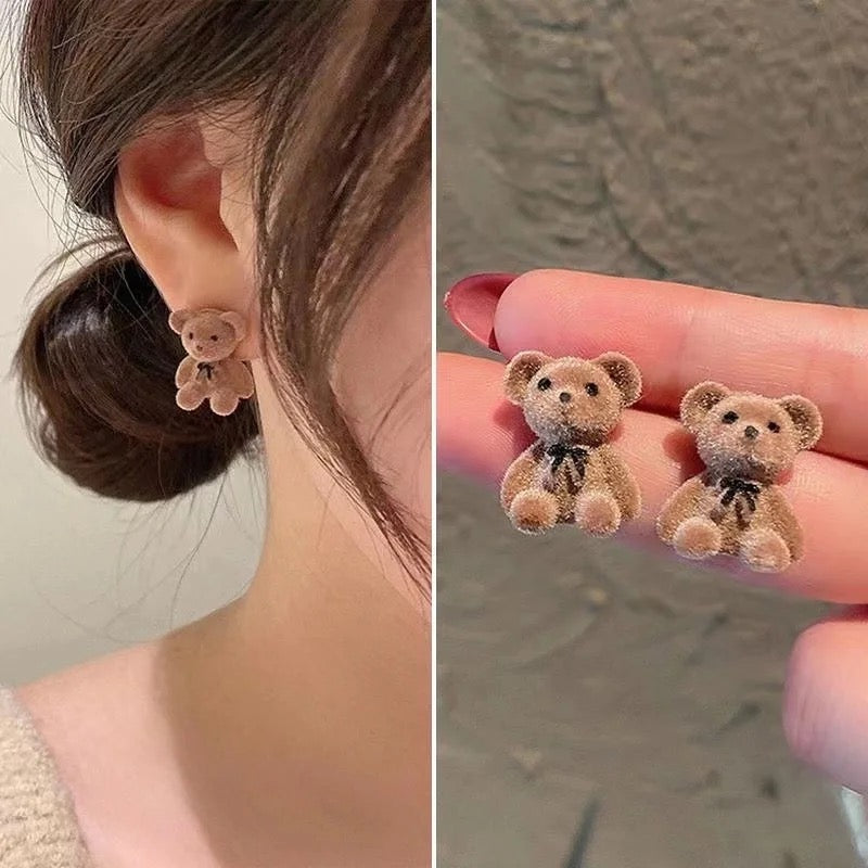 Cute Korean Teddy Bear Earrings - Brown