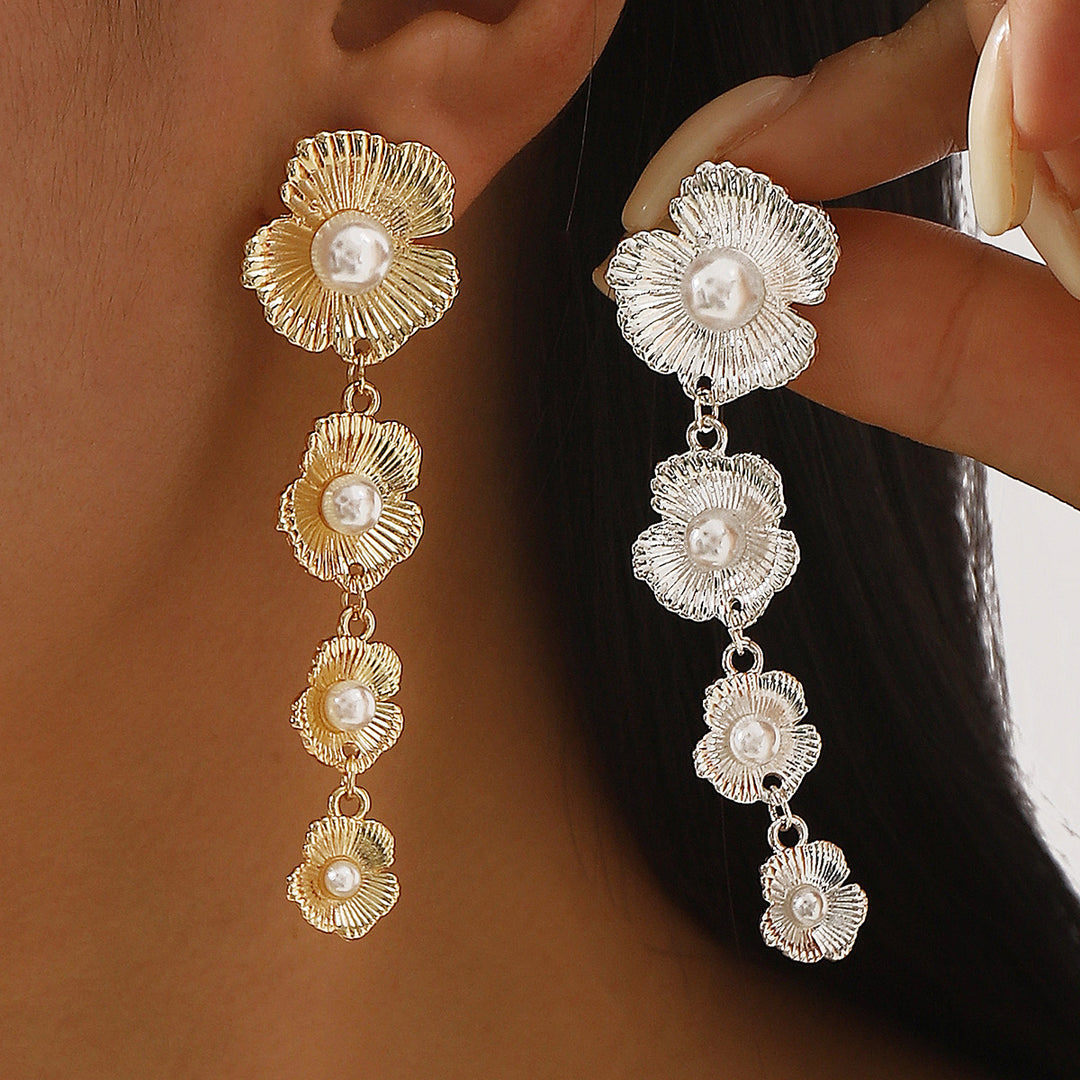 Floral Pearl Long Drop Earrings - Silver
