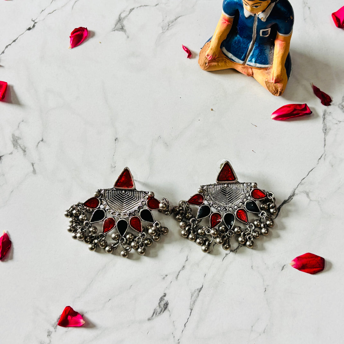 Oxidised Red Black Enamel Fan Drop Earrings