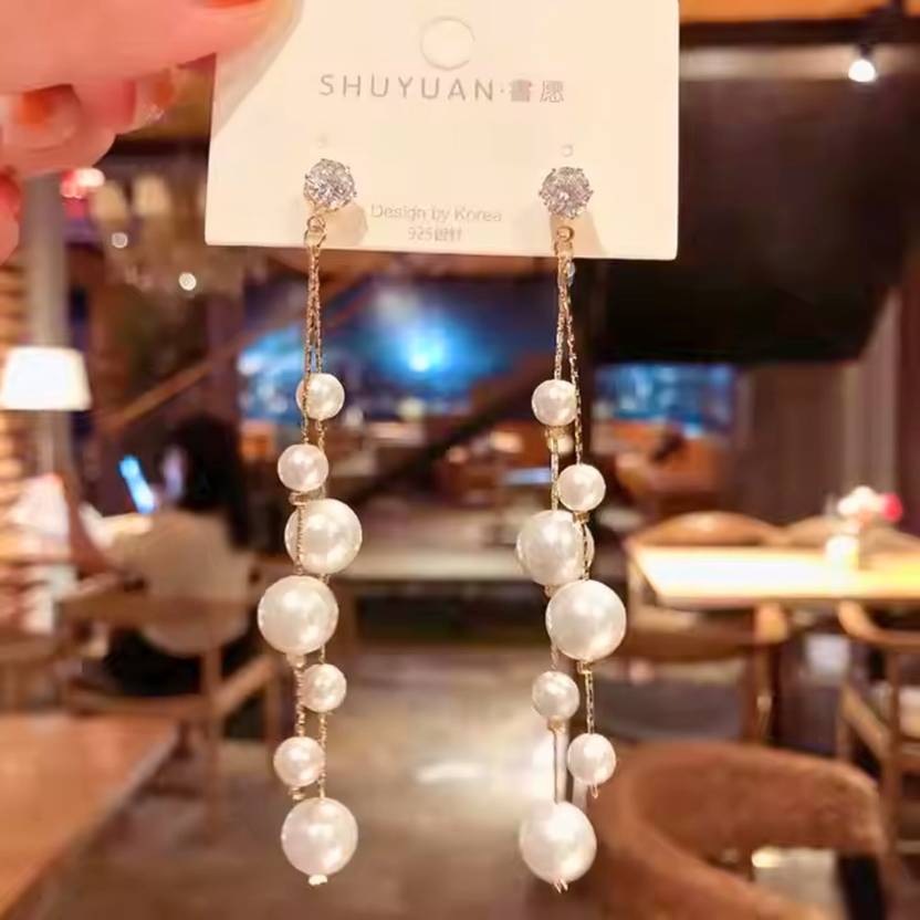 Elegant Long Pearl Chain Drop Earrings