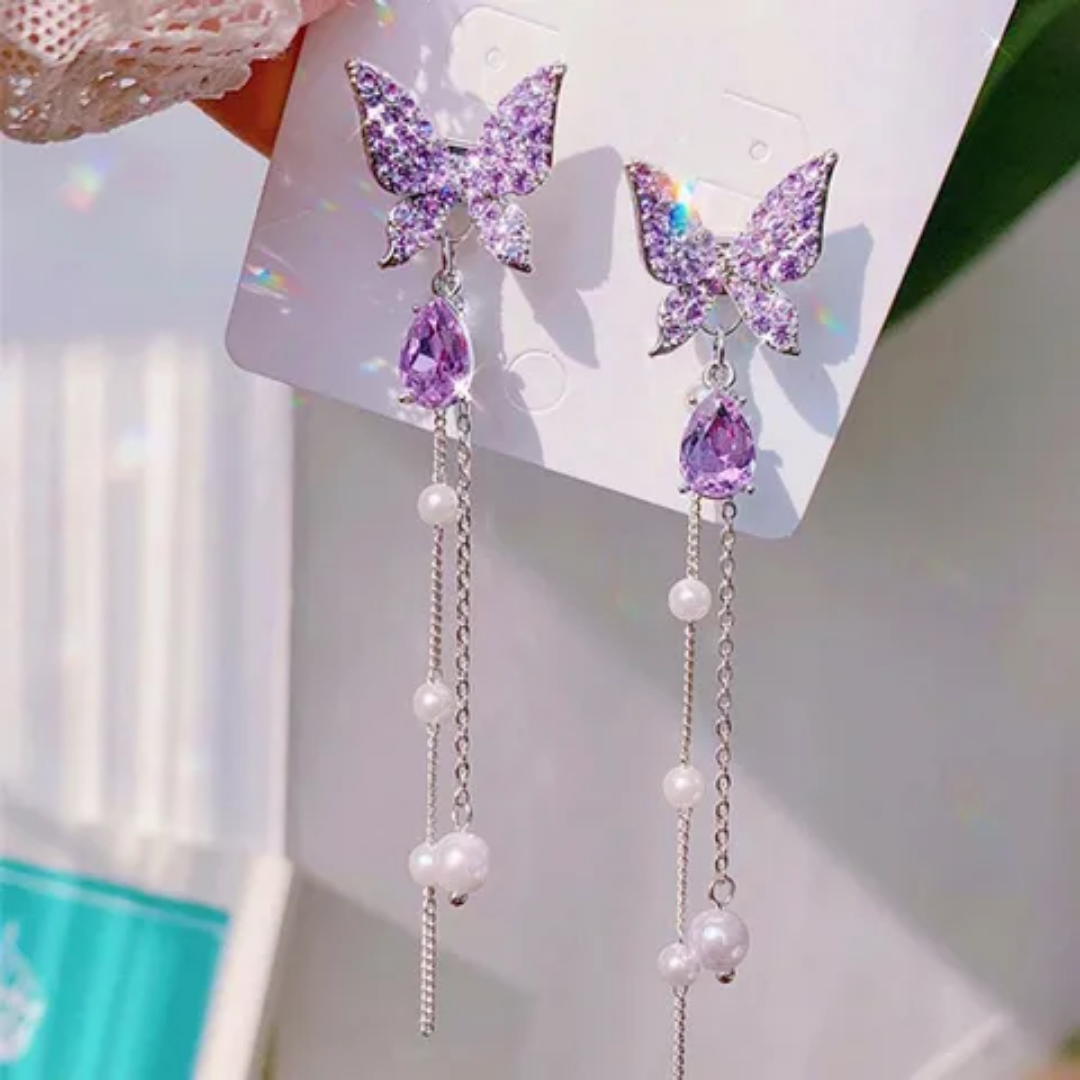 Korean Earrings - Fashionable Crystal Purple Butterfly Tassel Drop Earrings with pearl Hangings