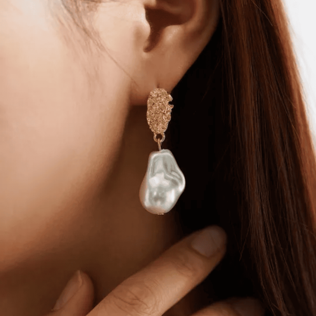 Golden Textured Baroque Pearl Earrings
