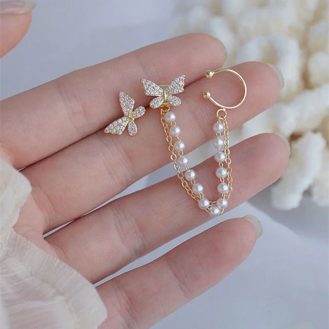 Korean Earrings - Pearl Chain Ear Cuff Butterfly Stud Earrings For Women