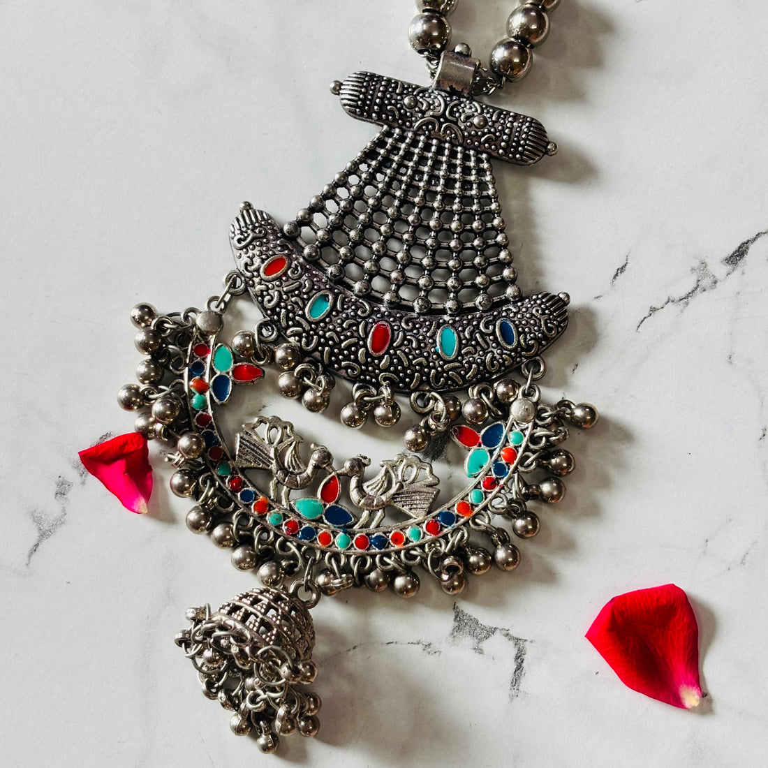 Antique Oxidised Multicolor Stone Statement Pendant Necklace