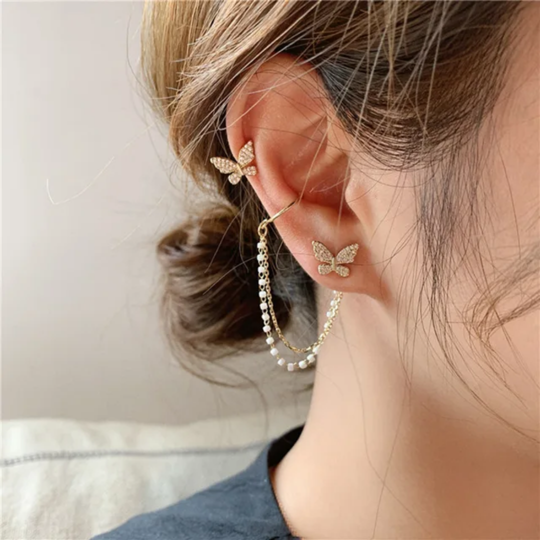 Korean Earrings - Pearl Chain Ear Cuff Butterfly Stud Earrings For Women