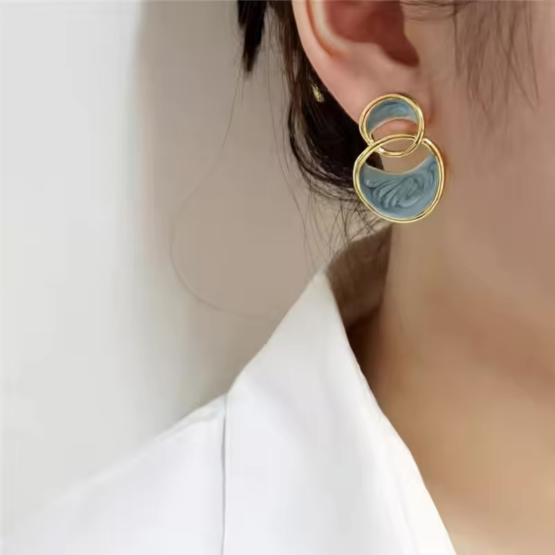 Blue Marble Round Hoop Stud Earrings