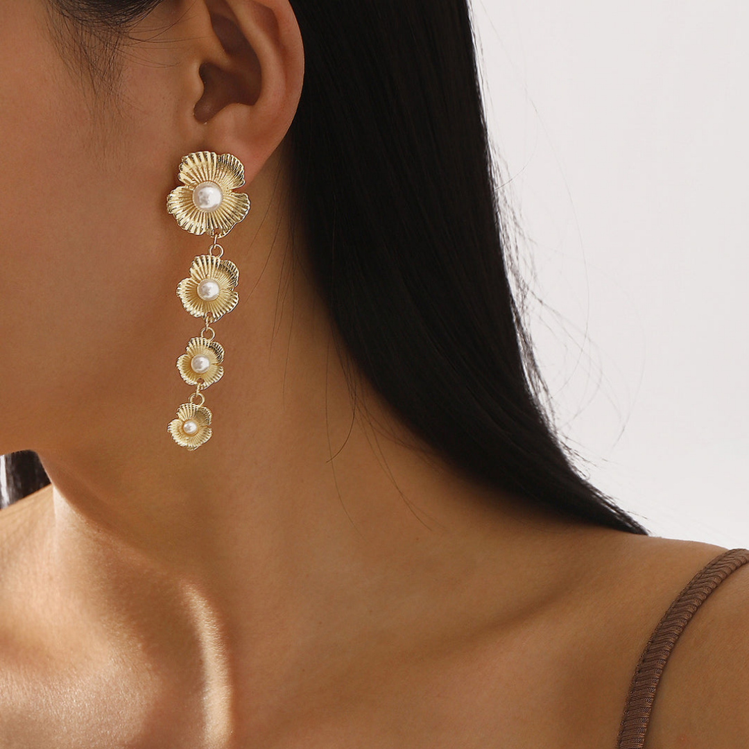 Floral Pearl Long Drop Earrings - Gold