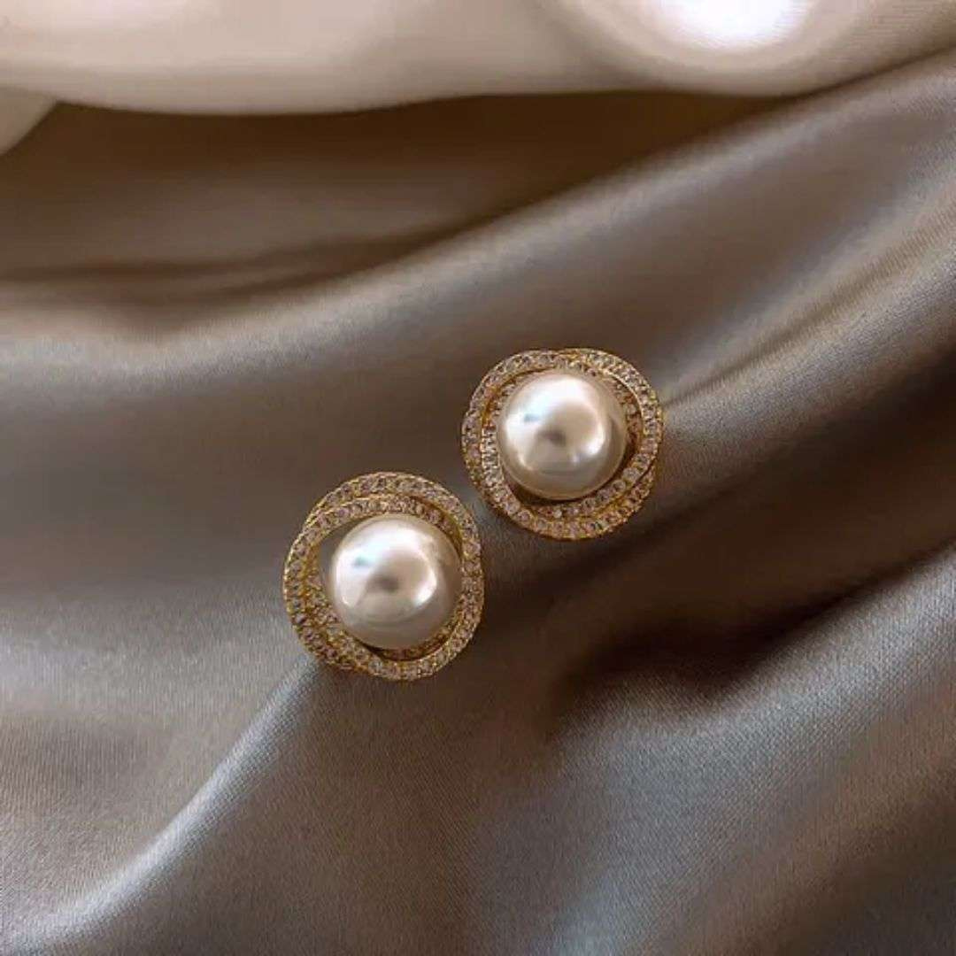 Korean Earrings - Round Shaped Gold Plated With Cubic Zirconia & Pearl Stud Earring For Women