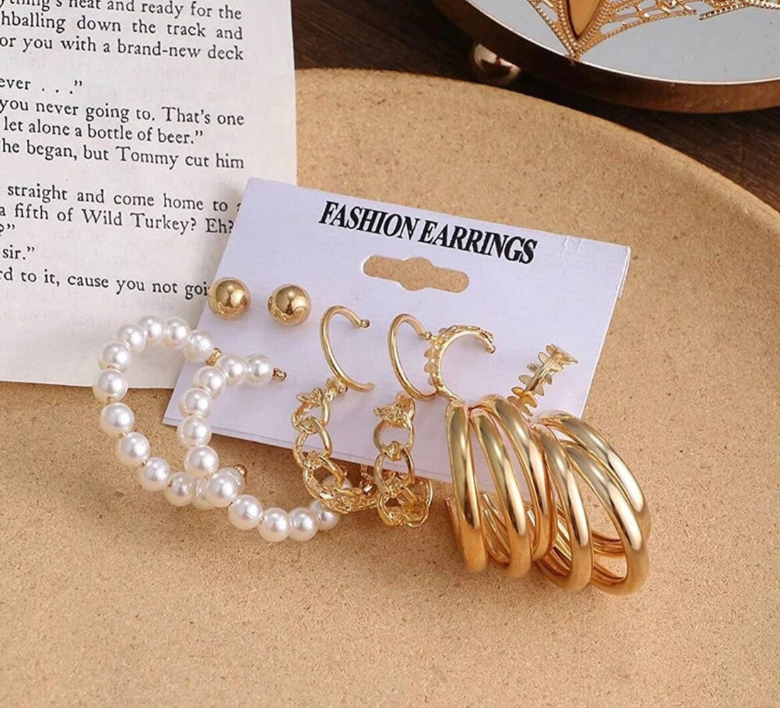Korean Earrings - Stylish gold studs/hoop combo set of 6 pairs for women