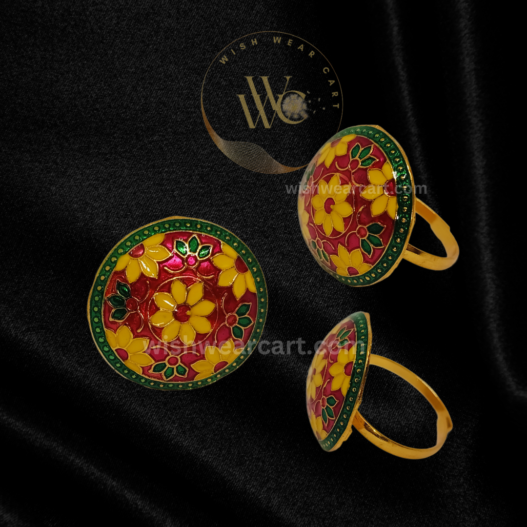 Meenakari Ethnic Adjustable Finger Rings - Dark Pink