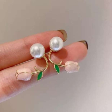 Korean Earrings - Pink Tulip and pearl ear cuff style Rose gold cute earrings for Earrings for Women