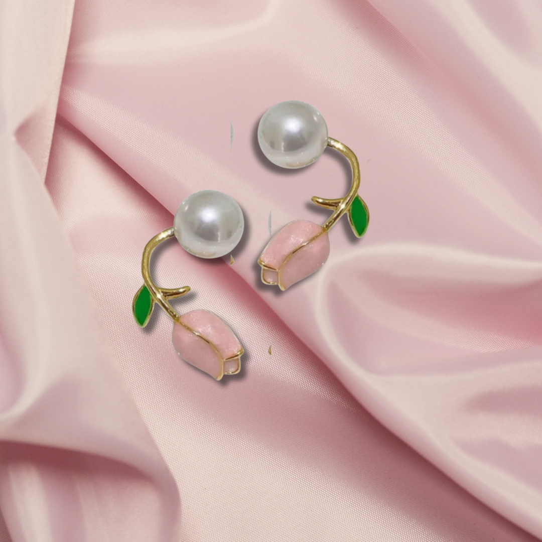 Korean Earrings - Pink Tulip and pearl ear cuff style Rose gold cute earrings for Earrings for Women