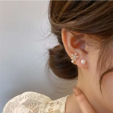 Korean Earrings - Cute flower and pearl ear cuff style Rose gold earrings for Earrings for Women