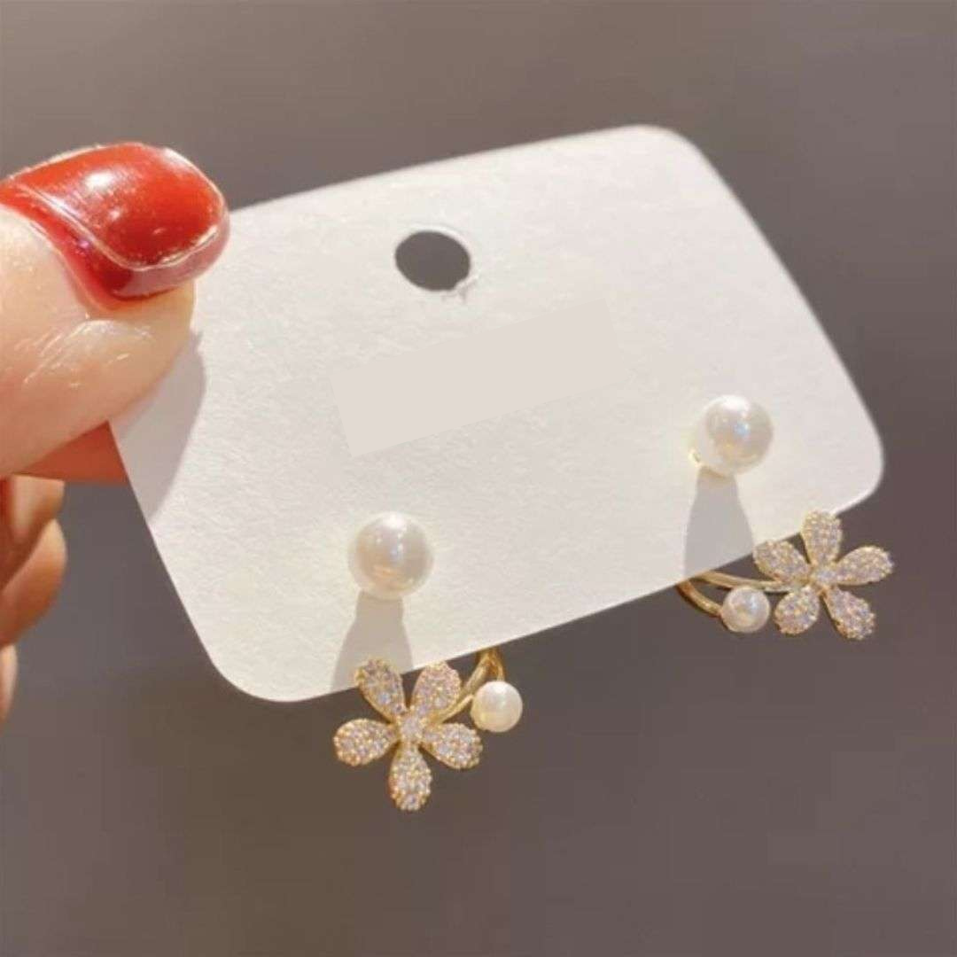 Korean Earrings - Cute flower and pearl ear cuff style Rose gold earrings for Earrings for Women