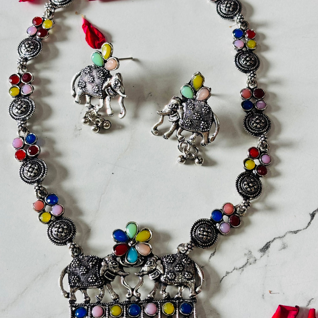 Oxidised Multicolor Elephant Pendant Long Necklace Earring Set