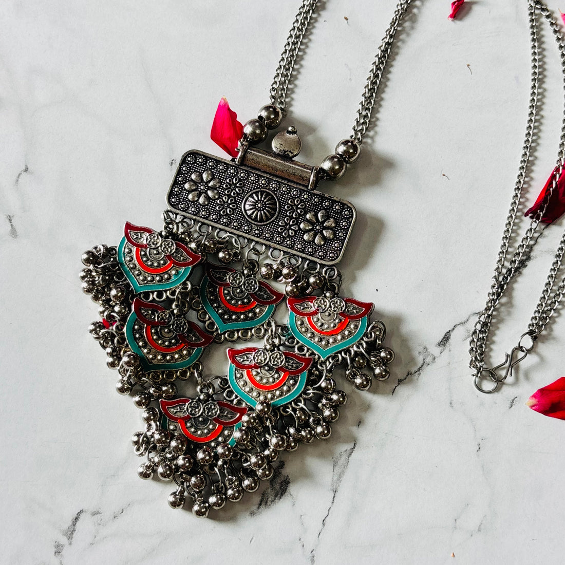 Oxidised Red Green Enamel Fan Pendant Long Chain  Necklace