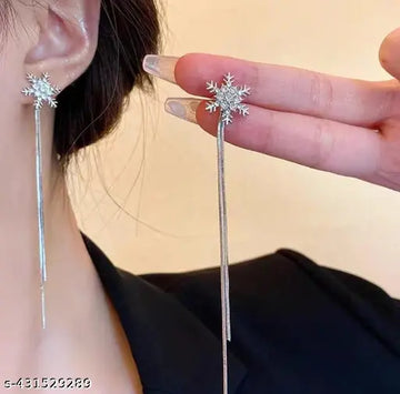 Korean Earrings - Snowflake silver drop tassel contemporary earrings for women