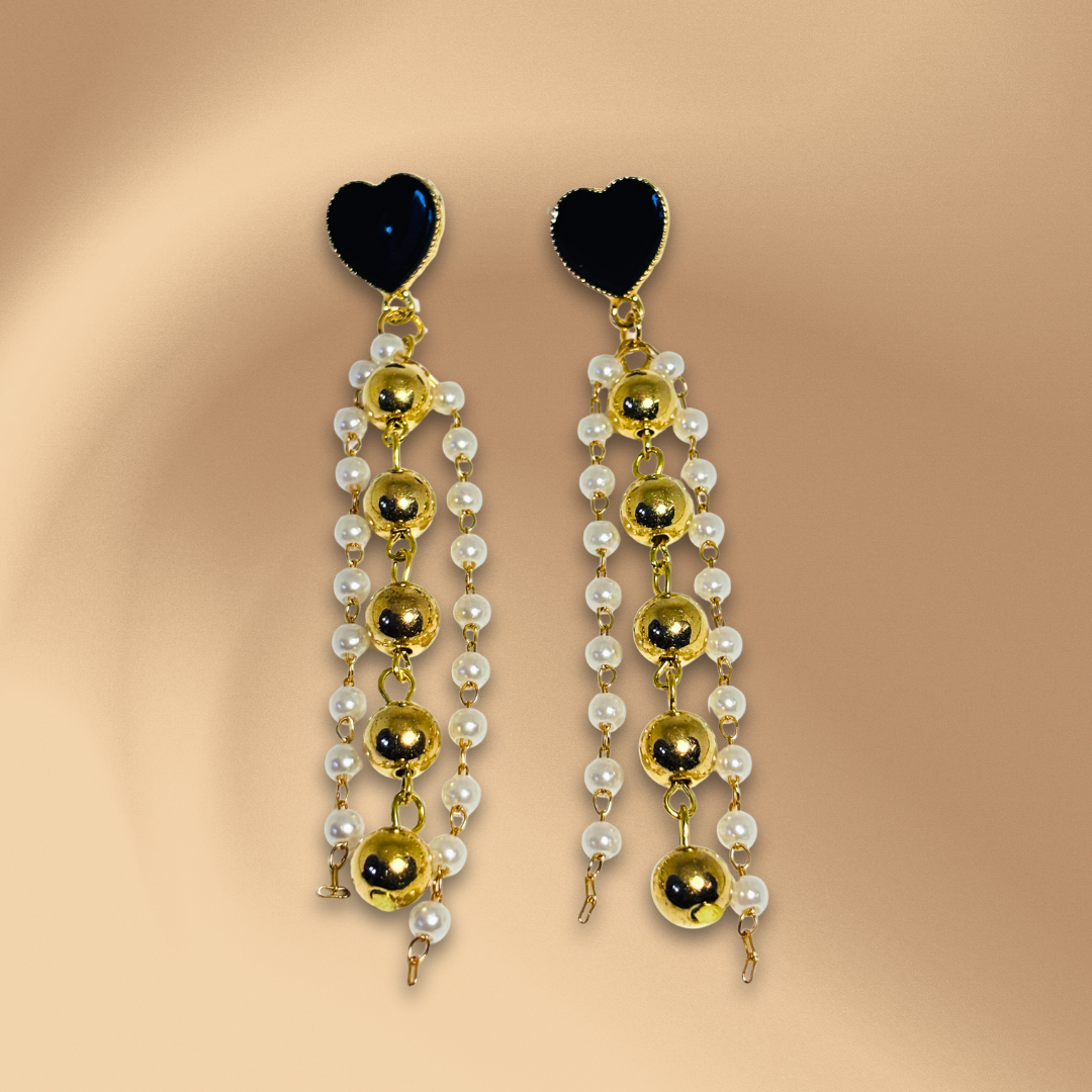 Elegant Black Heart Pearl Drop Earrings Anti Tarnish Stainless Steel