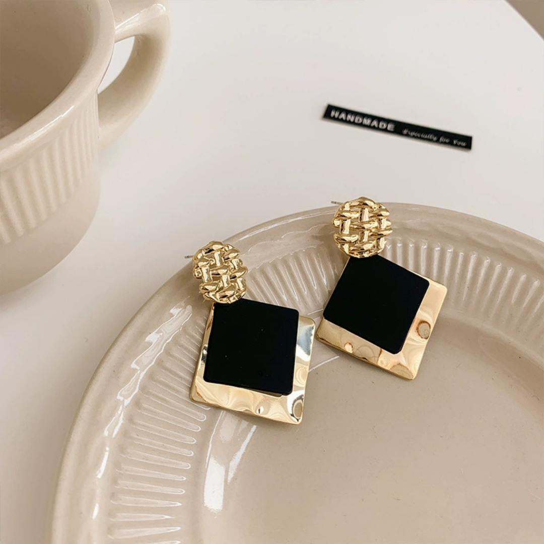 Black Geometric Gold Statement Drop Earrings