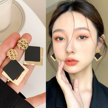 Black Geometric Gold Statement Drop Earrings