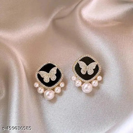 Korean Earrings - Black Enamel Butterfly design Pearl studded earrings for women