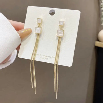 Korean Earrings - Gold drop tassel contemporary earrings for women