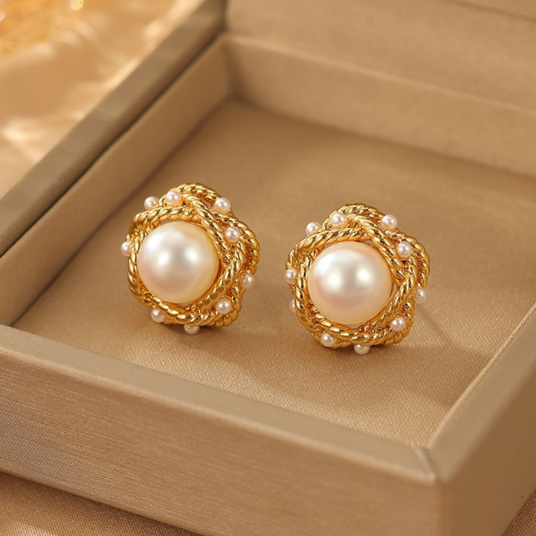Golden Vintage Pearl Knot Studs