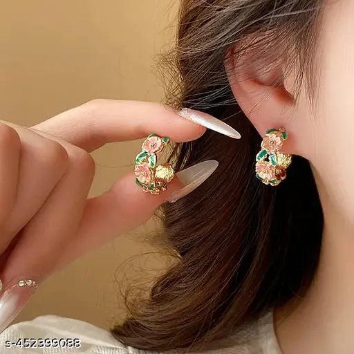 Korean Earrings - Shiny Pink and Green mini floral stylish hoops for women