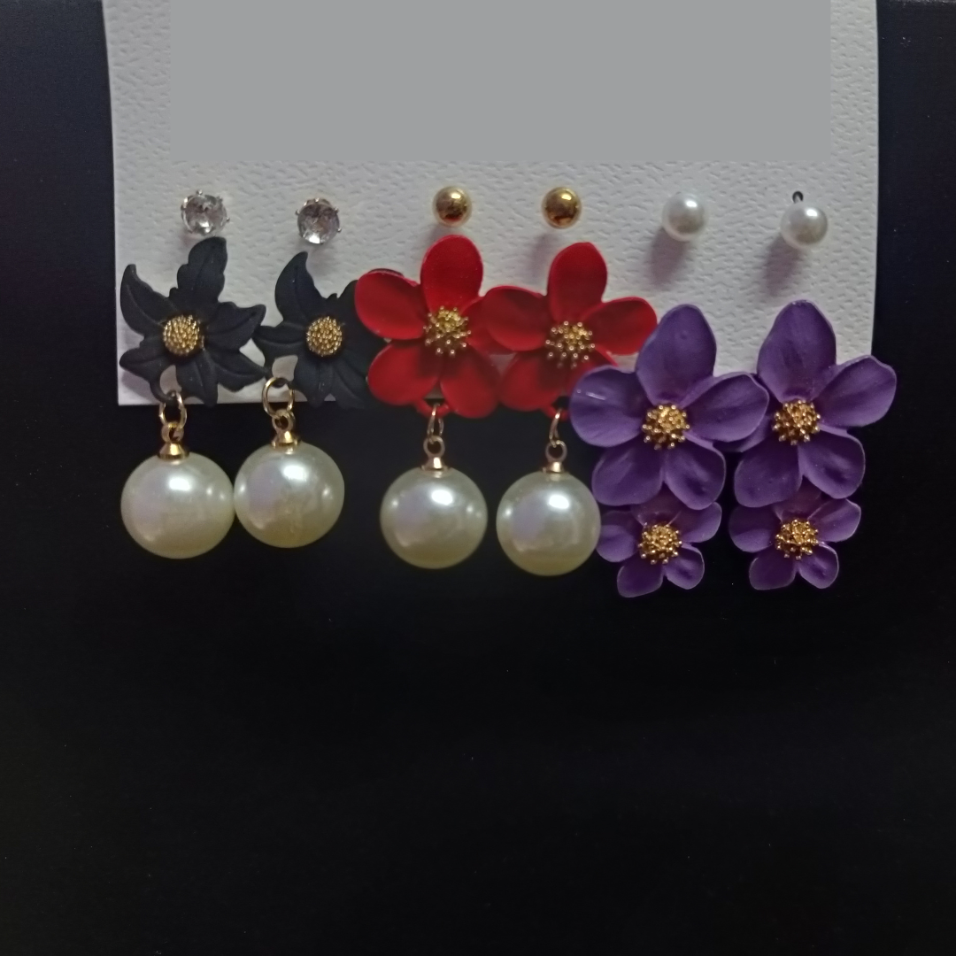 Fancy / Daily Wear Stylish Rose Gold Earrings Combo Set - Studs and Floral Hangings - Black / Red /Purple