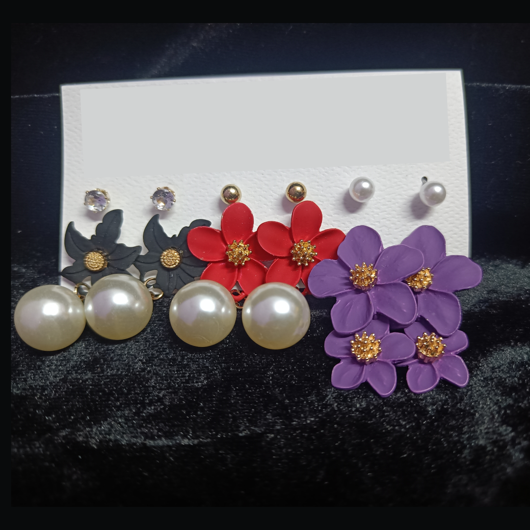 Fancy / Daily Wear Stylish Rose Gold Earrings Combo Set - Studs and Floral Hangings - Black / Red /Purple