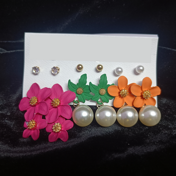 Fancy / Daily Wear Stylish Rose Gold Earrings Combo Set - Studs and Floral Hangings - Pink / Green / Orange