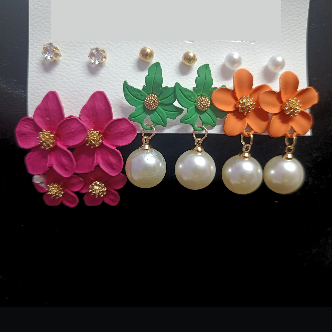 Fancy / Daily Wear Stylish Rose Gold Earrings Combo Set - Studs and Floral Hangings - Pink / Green / Orange