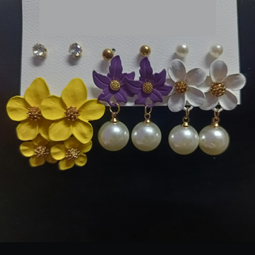 Fancy / Daily Wear Stylish Rose Gold Earrings Combo Set - Studs and Floral Hangings - Yellow / Purple / White