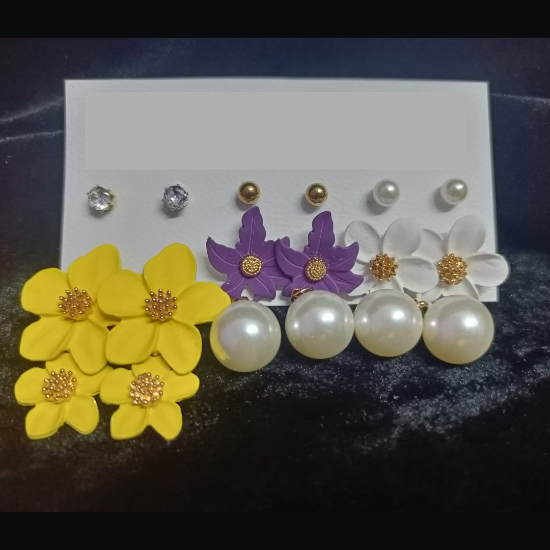 Fancy / Daily Wear Stylish Rose Gold Earrings Combo Set - Studs and Floral Hangings - Yellow / Purple / White