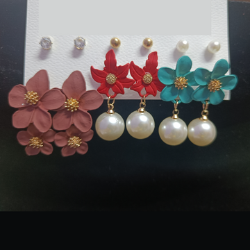 Fancy / Daily Wear Stylish Rose Gold Earrings Combo Set - Studs and Floral Hangings - Brown / Red / Teal Green