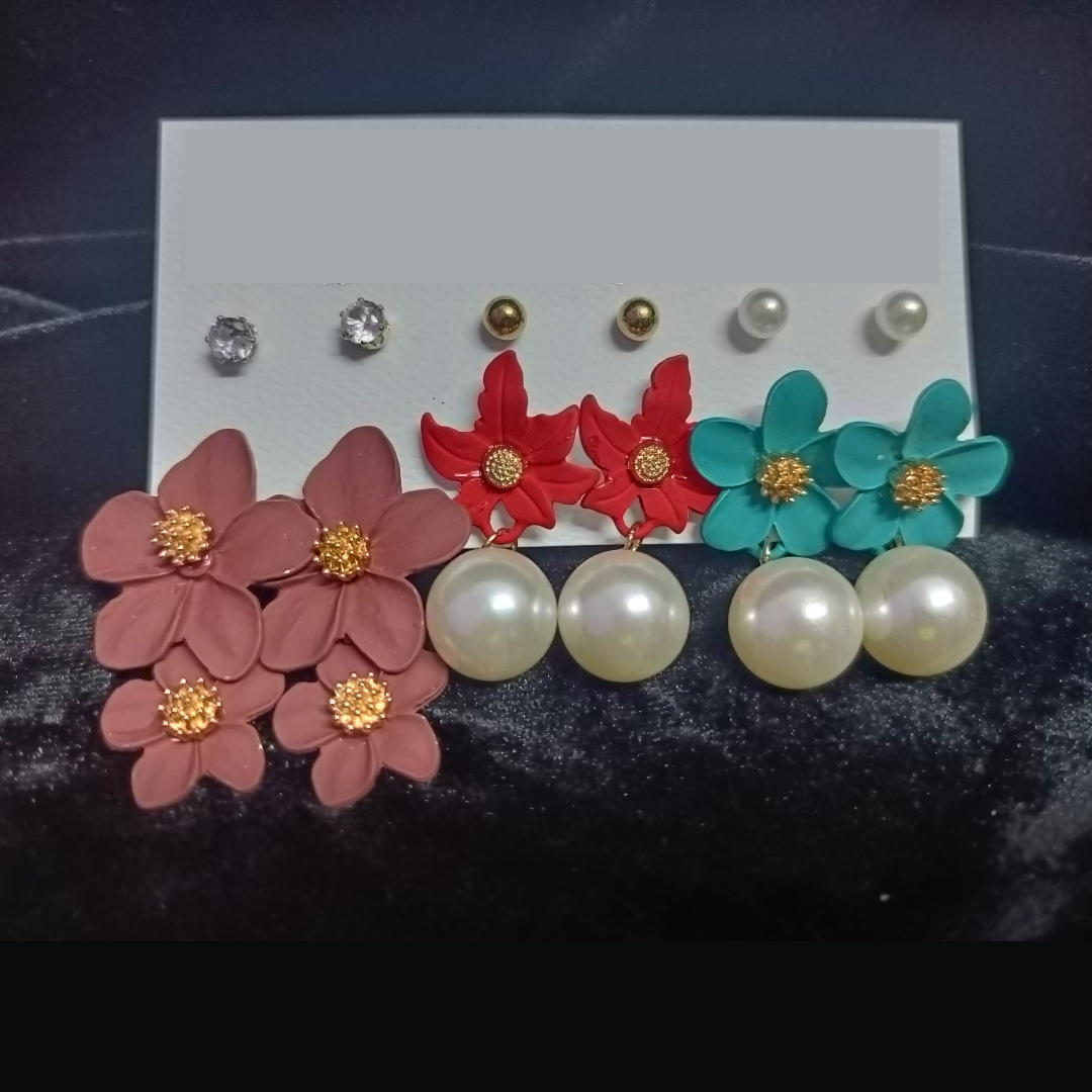 Fancy / Daily Wear Stylish Rose Gold Earrings Combo Set - Studs and Floral Hangings - Brown / Red / Teal Green