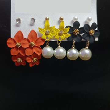 Fancy / Daily Wear Stylish Rose Gold Earrings Combo Set - Studs and Floral Hangings - Orange / Yellow / Black