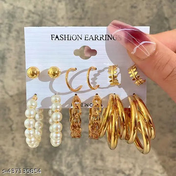 Korean Earrings - Stylish gold studs/hoop combo set of 6 pairs for women