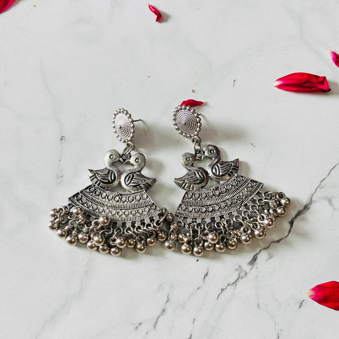 Oxidised Double Bird Motif Hanging Jhumka Earrings